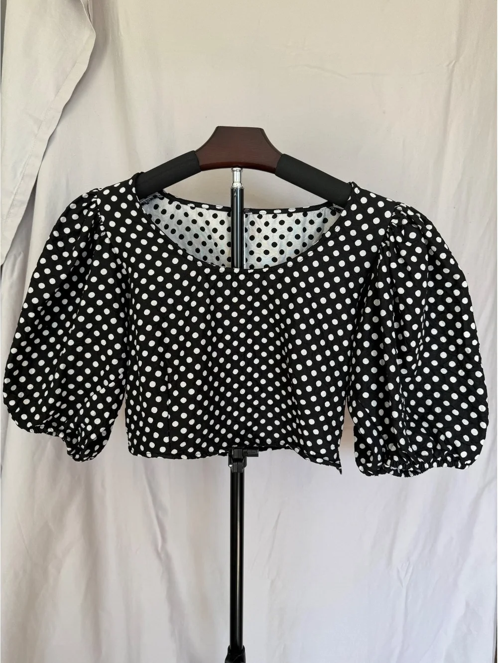 Free People Polka Dot Puff Sleeve Crop Top Blouse Black White Size 4 Boho